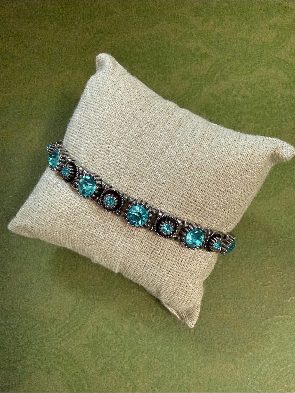 Sterling-Style Teal Crystal Tennis Stretch Bracelet - NWOT